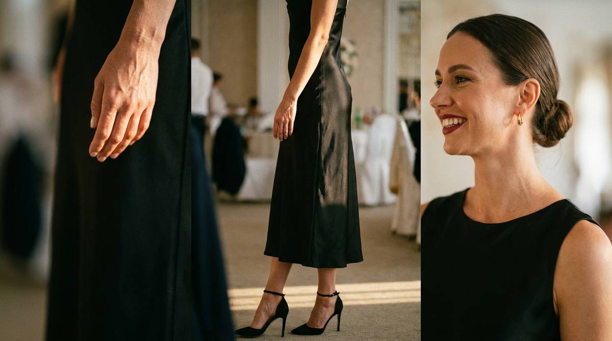 Elegancka stylizacja butów do czarnej sukienki na wesele - szpilki i pełna sylwetka
