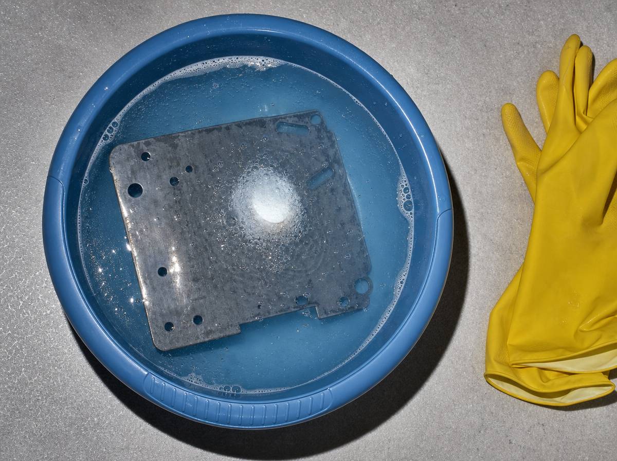 Tabletka do zmywarki rozpuszczająca się w wodzie na zanurzonej przypalonej blasze