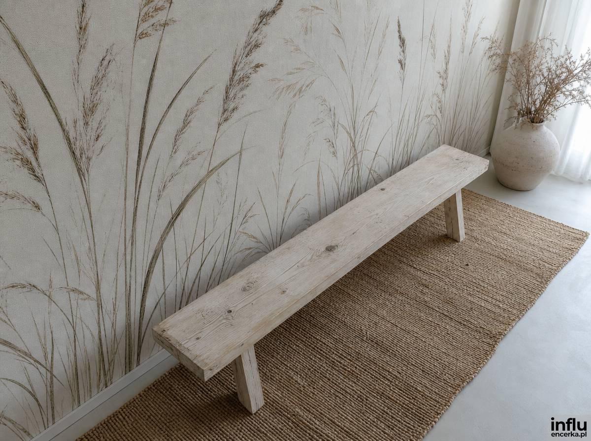 Tapeta z motywem traw w stylu japandi w minimalistycznym przedpokoju