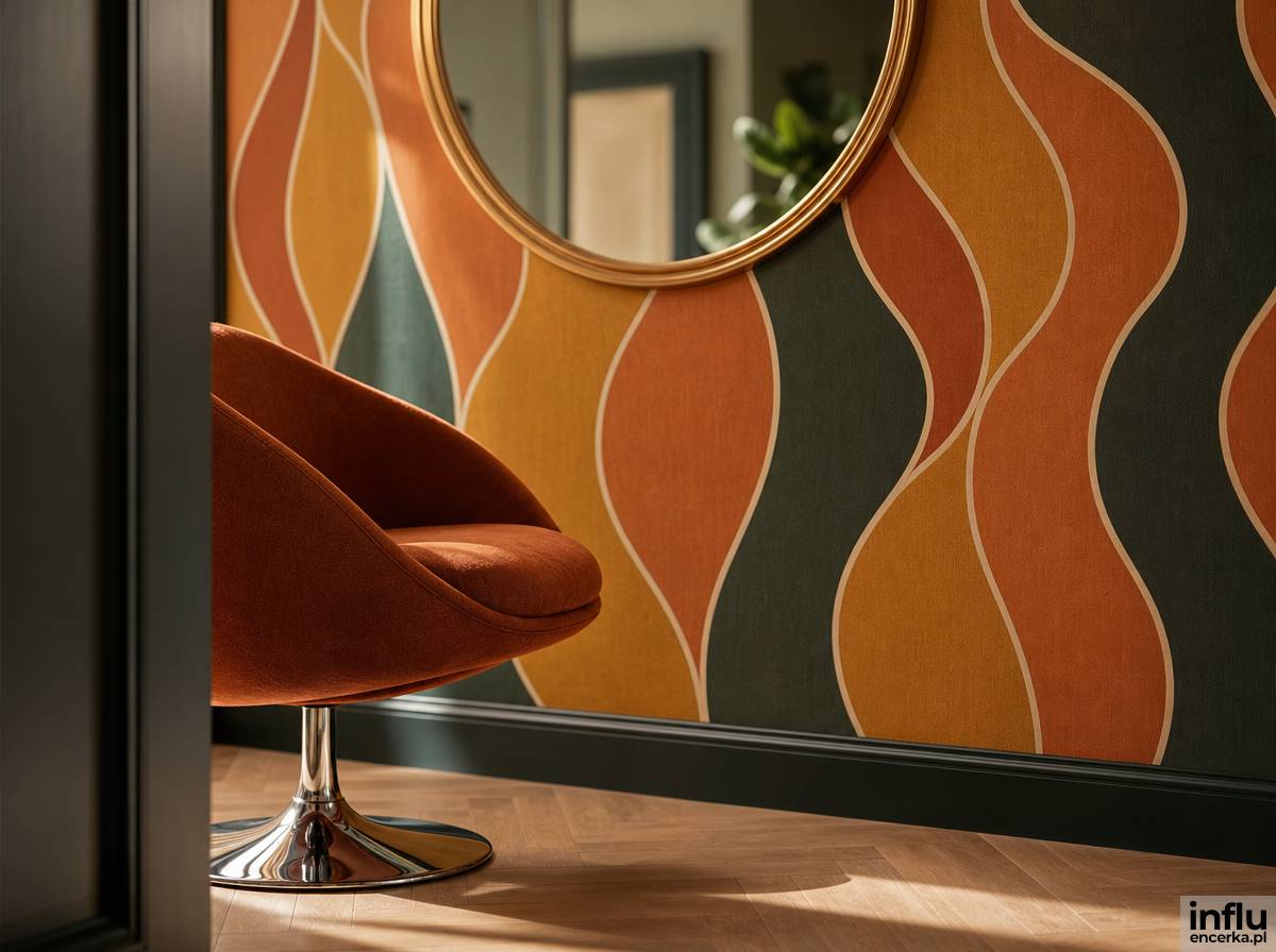 Tapeta w geometrycznym wzorze retro z fotelem na chromowanej podstawie