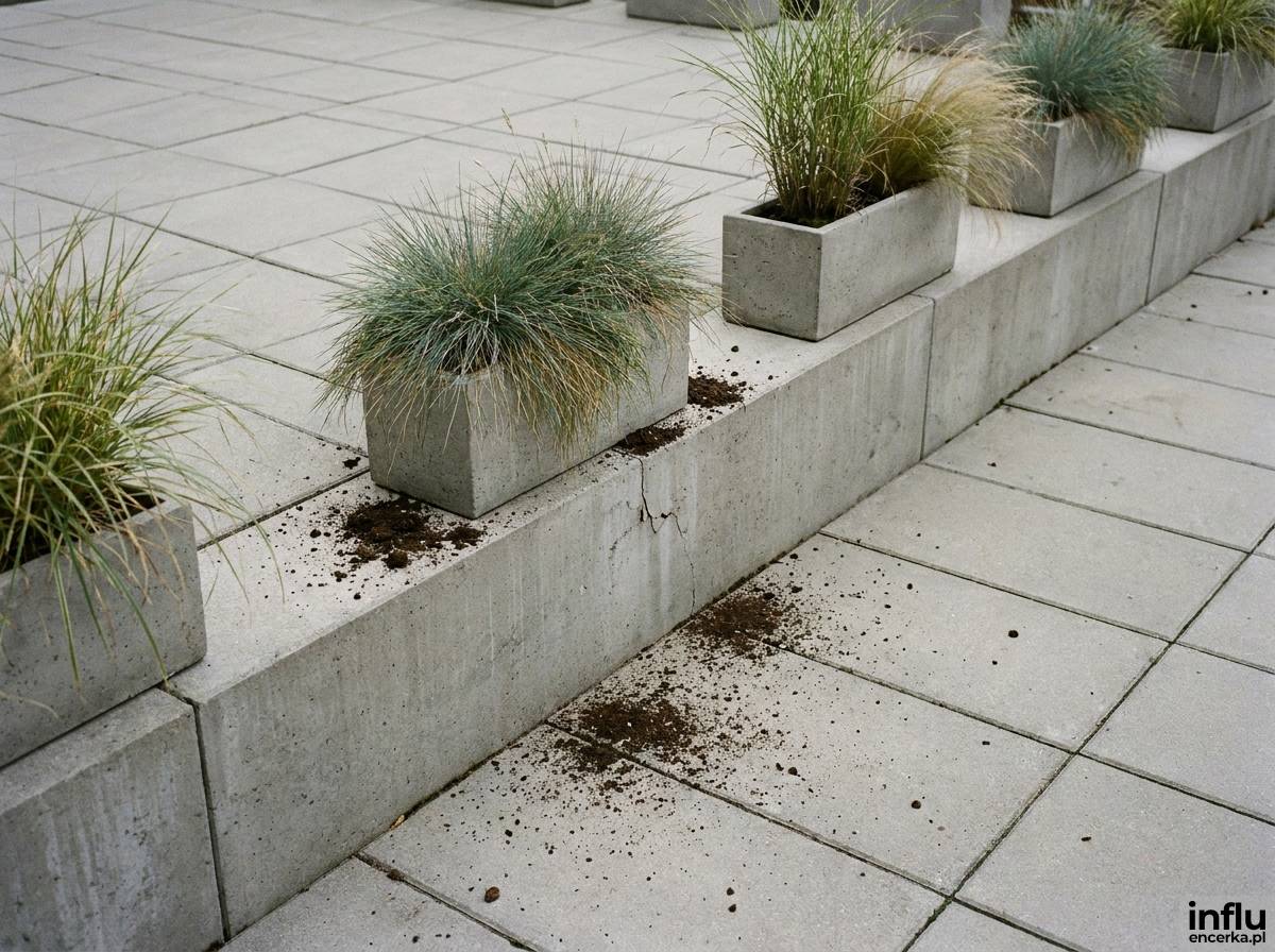 Taras z betonowymi donicami i niskim murkiem osłonowym
