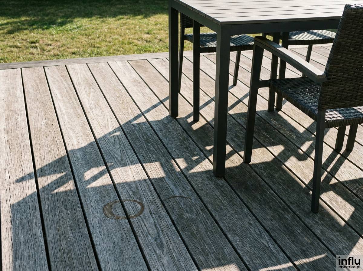 Taras drewniany z meblami aluminiowymi jako zewnętrzny salon w nowoczesnym ogrodzie