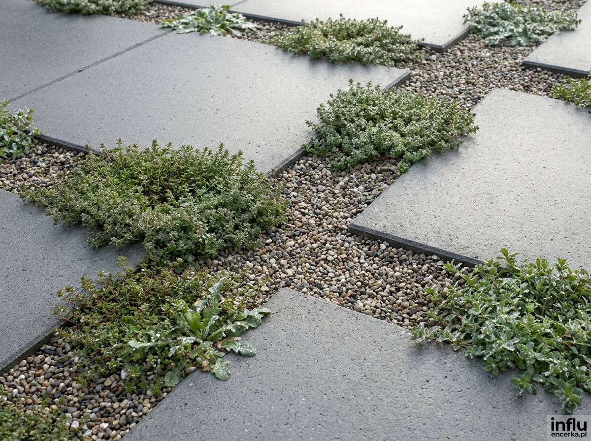 Eko-taras z płytami betonowymi i przepuszczalną, zieloną fugą