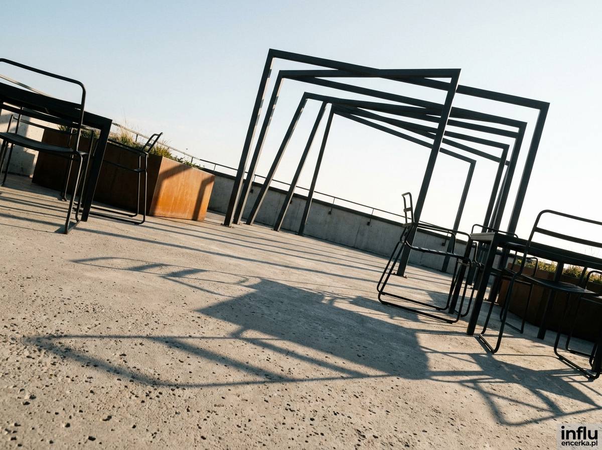 Taras industrialny z surowego betonu i metalowych akcentów