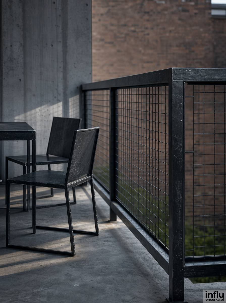 Industrialny taras z betonową podłogą i balustradą z siatki stalowej