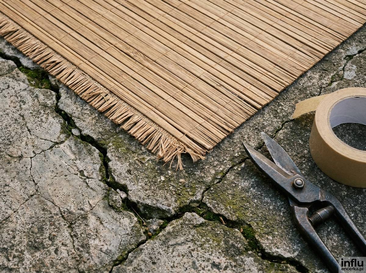 Mata bambusowa układana na starej popękanej nawierzchni betonowej tarasu
