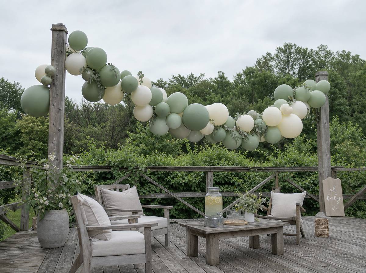 Taras ogrodowy udekorowany girlandą balonową na baby shower