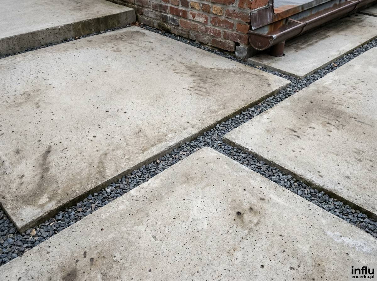 Taras z dużych surowych płyt betonowych w stylu industrialnym przy ceglanej elewacji