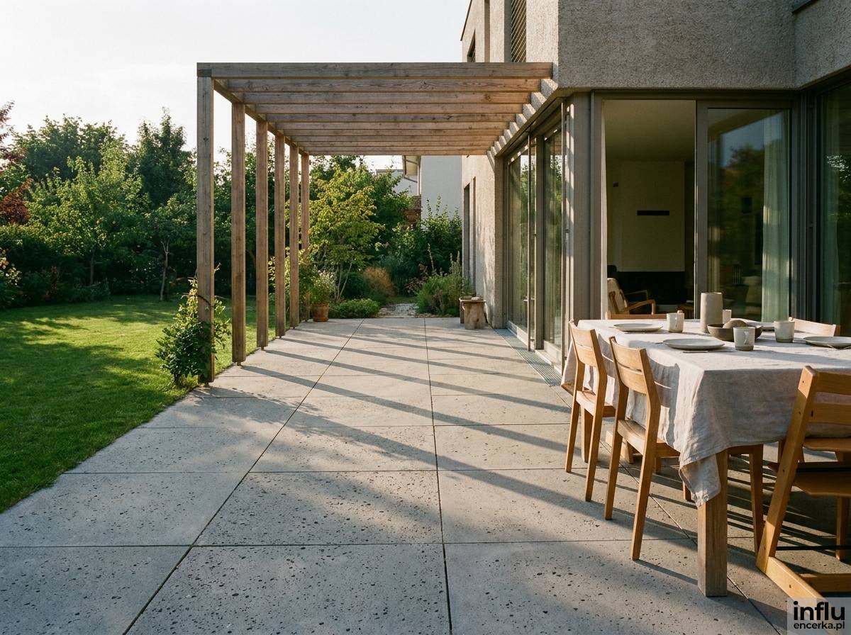 Taras z szarych płyt betonowych 60x60 cm przy domu z wyznaczoną strefą jadalną