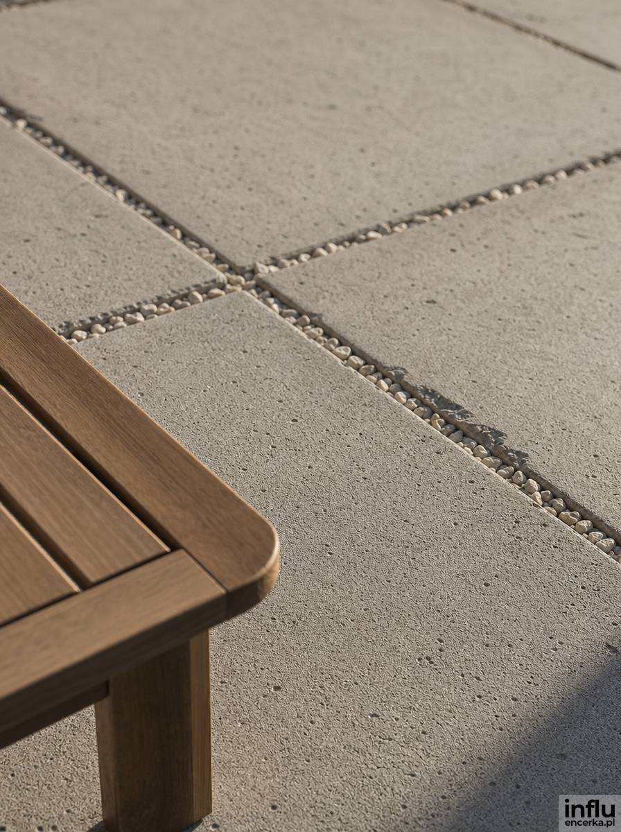 Płyty betonowe ułożone w regularnym rastrze na nowoczesnym tarasie