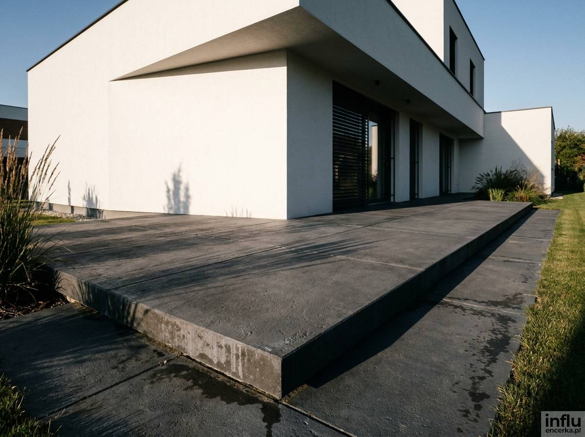 Kontrastowy taras z ciemnych, grafitowych płyt betonowych na tle białej elewacji domu