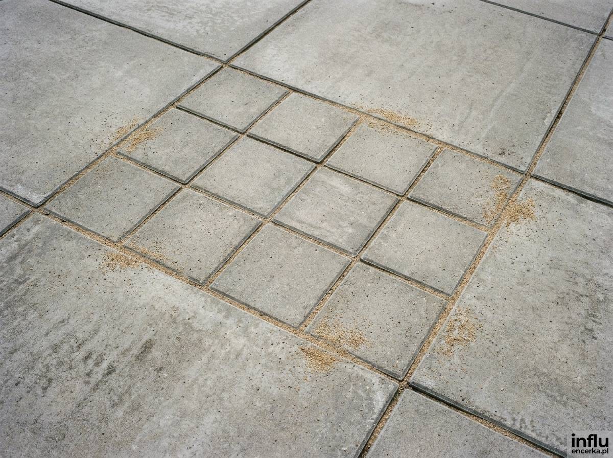 Taras z płytami betonowymi w układzie modułowym łączącym dwa formaty