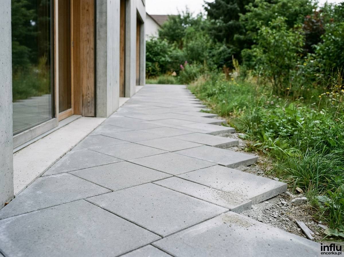 Wąski taras z płytami betonowymi układanymi na skos