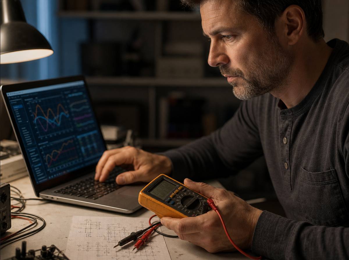 Technik przechodzący do IT pracuje na laptopie z miernikiem elektrycznym na biurku