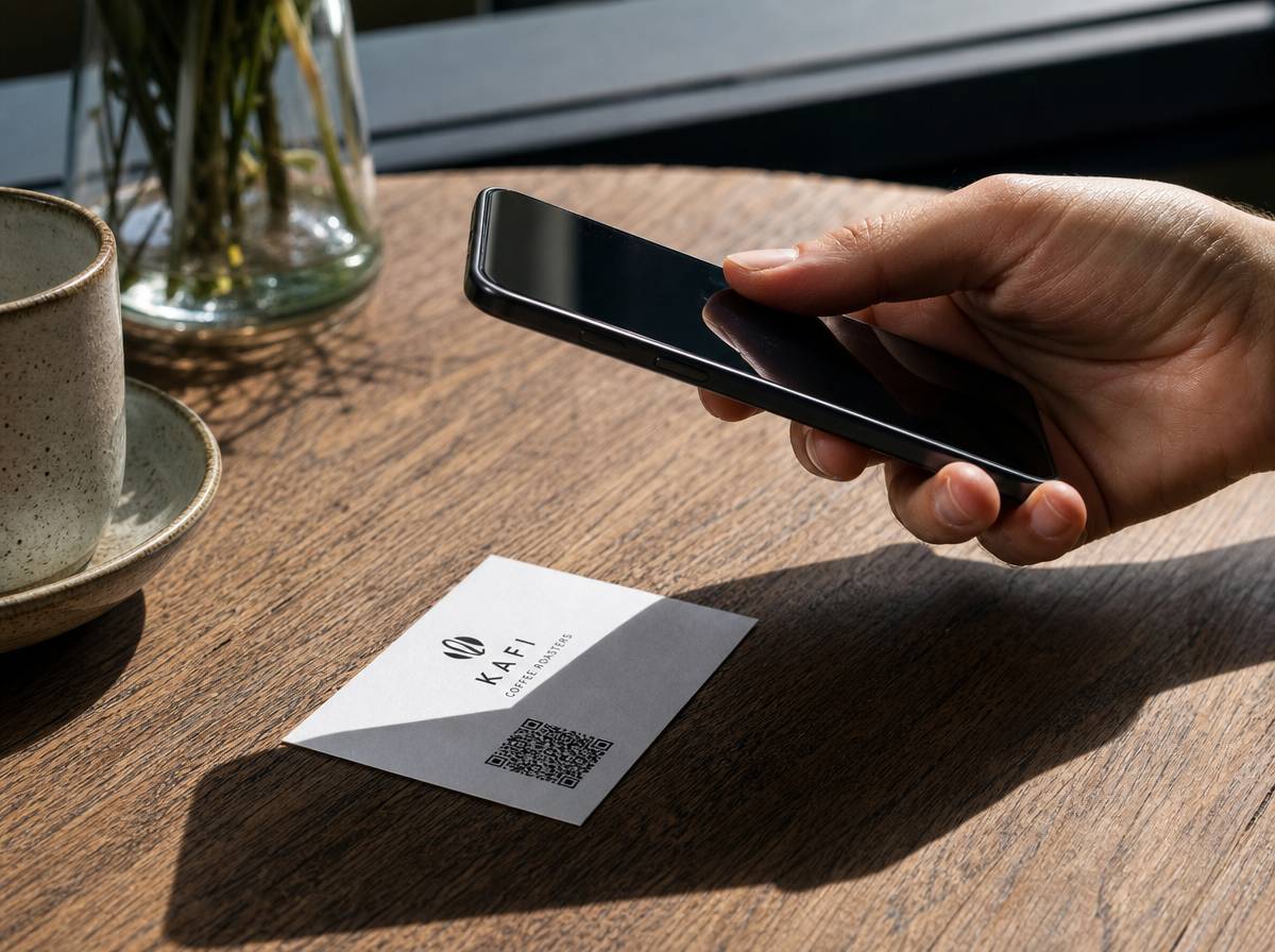 Dłoń trzymająca telefon skanujący kod QR na papierowej wizytówce