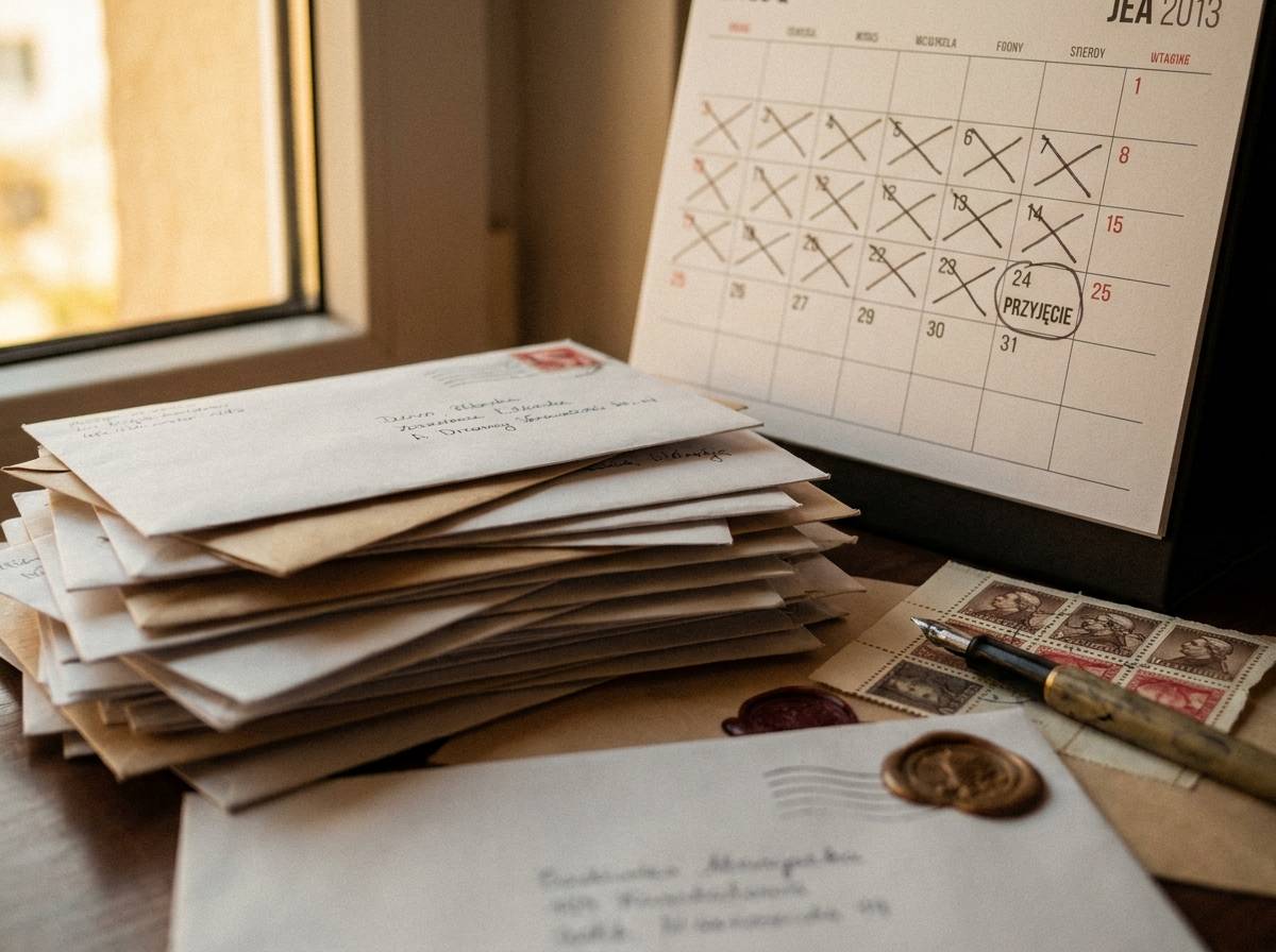 Stos kopert z zaproszeniami i kalendarz ilustrujące termin wysyłki tekstu zaproszenia