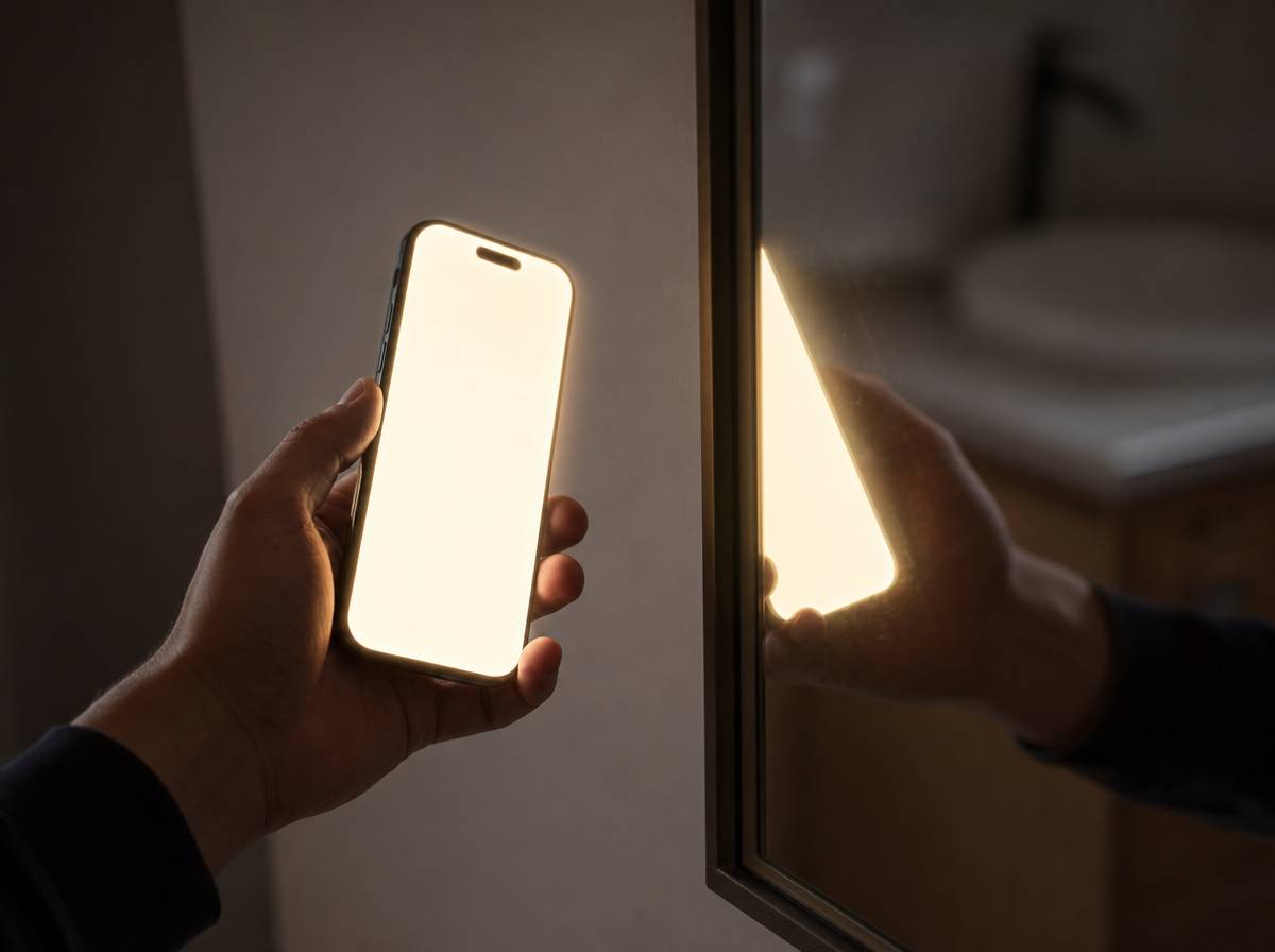 Test smartfonem ze stopniowaną jasnością ekranu przy lustrze