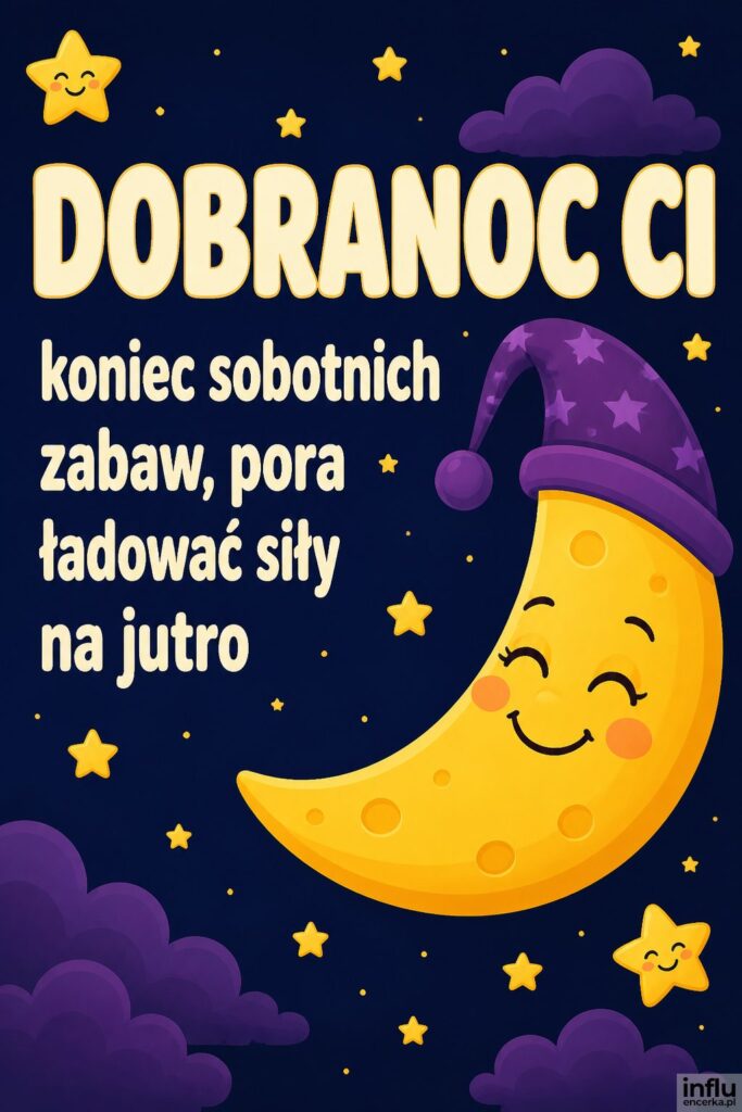Kreskówkowy uśmiechnięty księżyc z gwiazdkami i napisem „DOBRANOC CI” w kremowym kolorze.