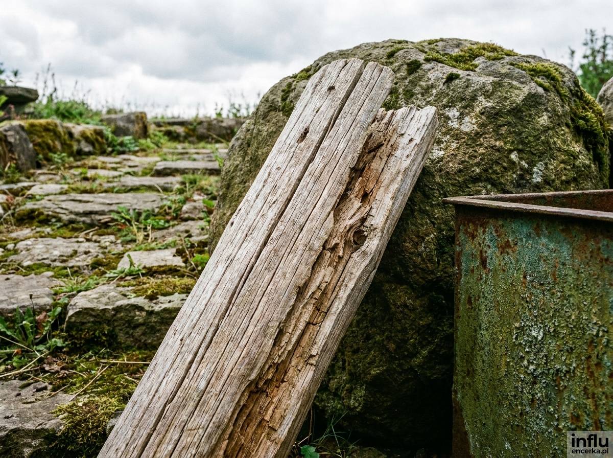 Starzone drewno i omszały kamień w ogrodzie japońskim w stylu wabi-sabi