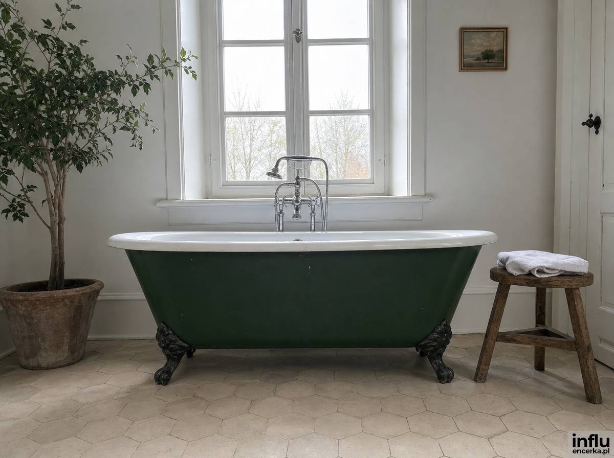 Żeliwna wanna na nóżkach w stylu retro ustawiona przy oknie