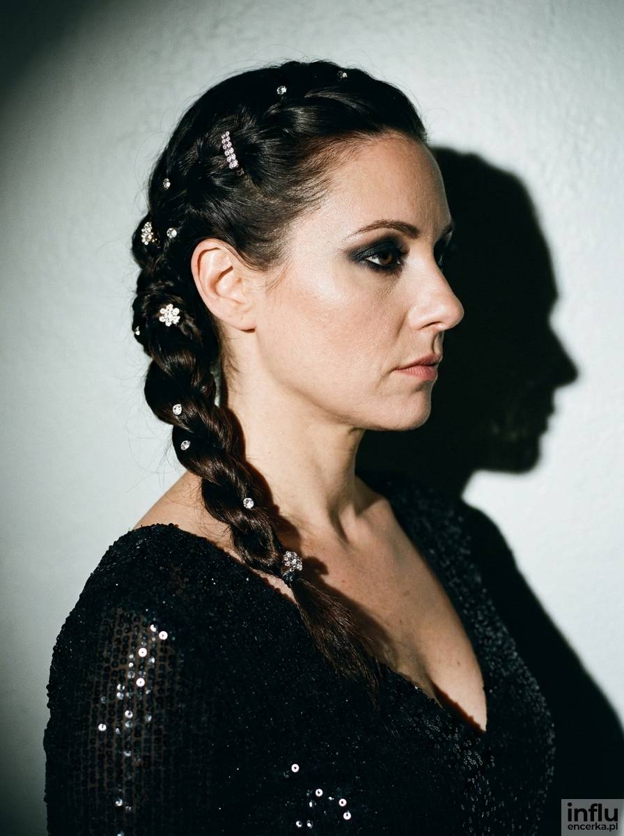 Warkocz spiralny z błyszczącym akcentem - fryzura na wesele w stylu glamour