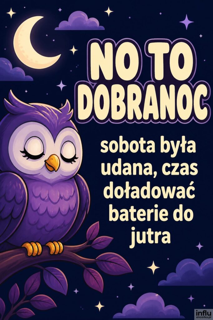Kreskówkowa sowa na gałęzi nocą z napisem „NO TO DOBRANOC” w kremowym kolorze.