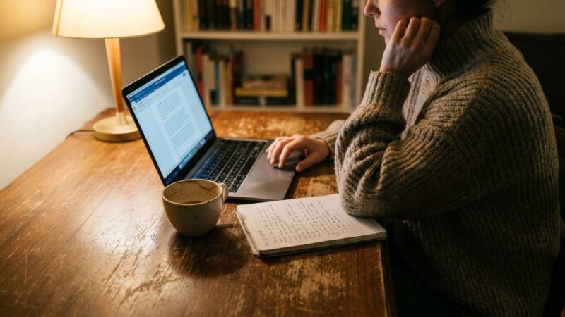 Kobieta planuje dodatkowy zarobek wieczorem przy laptopie i notatniku w domu