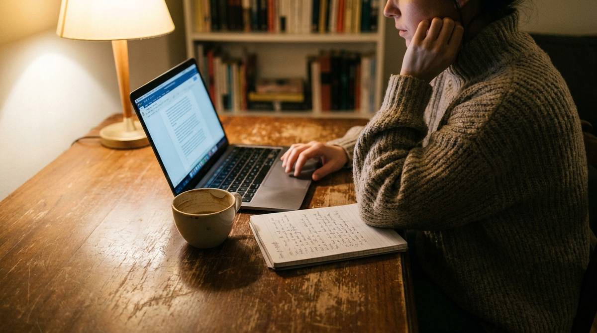 Kobieta planuje dodatkowy zarobek wieczorem przy laptopie i notatniku w domu