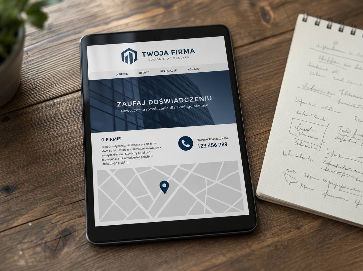 Tablet z prostą stroną wizytówkową firmy pokazujący sekcję kontaktową i mapę