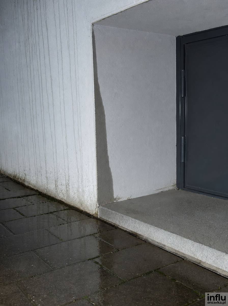 Próg drzwi osłonięty wnęką w elewacji podczas deszczu
