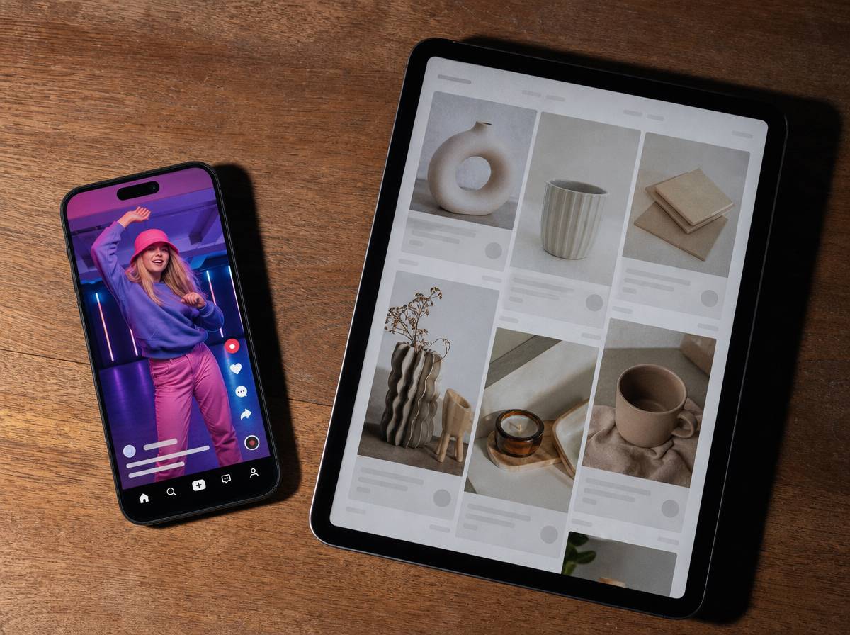 Smartfon i tablet z różnymi stylami treści pomagające wybrać platformę do kampanii reklamowej