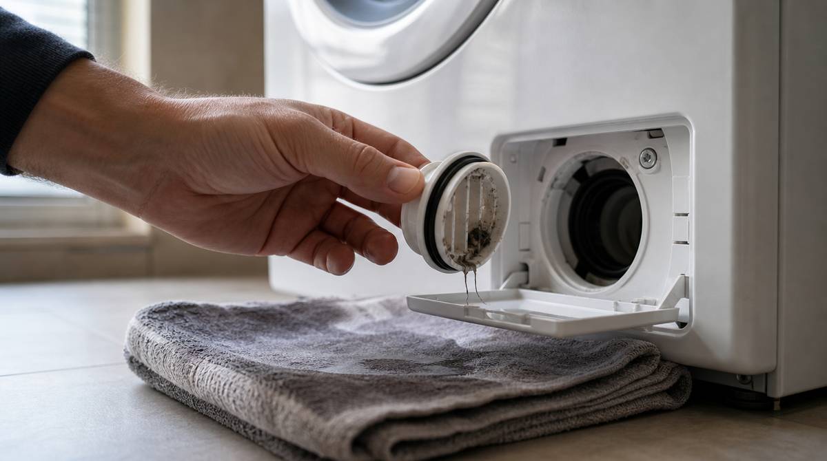 Dłoń wyciąga filtr pompy odpływowej z otwartej klapki serwisowej pralki, pod spodem leży ręcznik