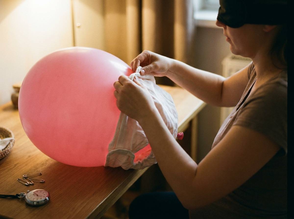 Uczestniczka zakładająca pieluszkę na balon podczas konkurencji na baby shower