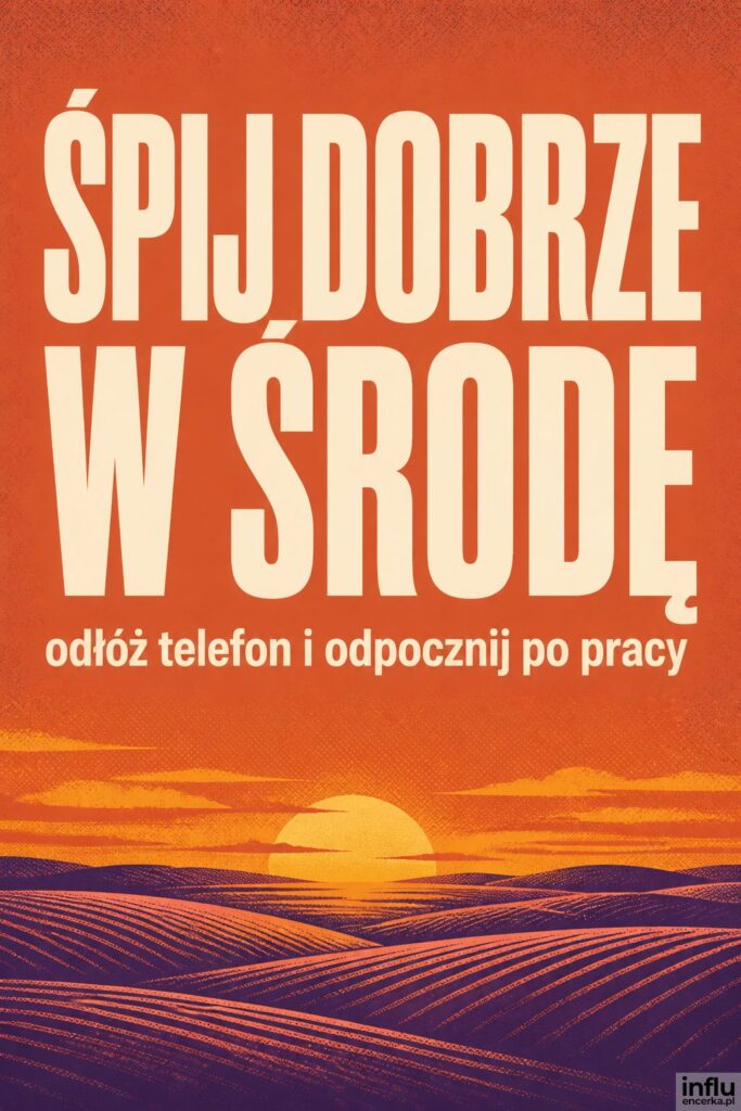Sitodrukowy zachód słońca nad polami z nagłówkiem „ŚPIJ DOBRZE W ŚRODĘ”.