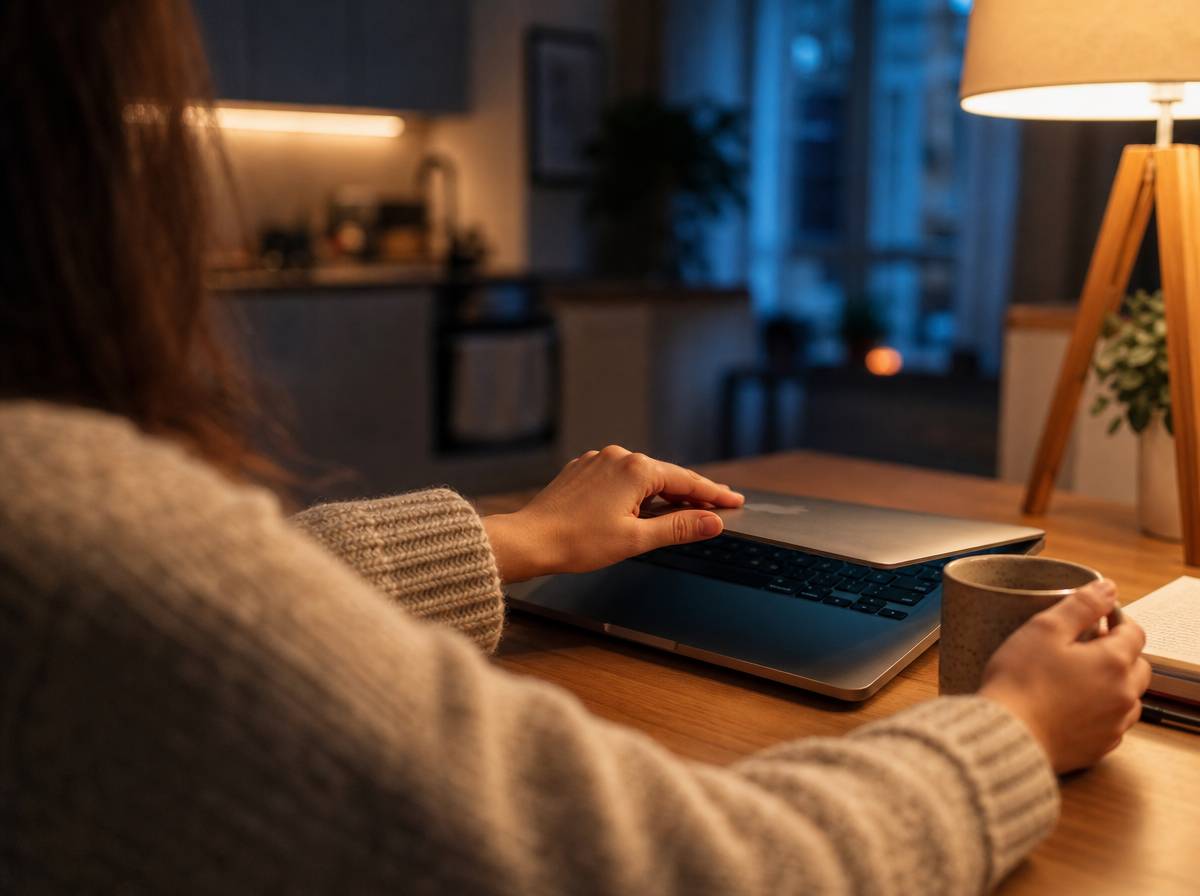 Kobieta zamyka laptopa kończąc dzień pracy zdalnej w domu