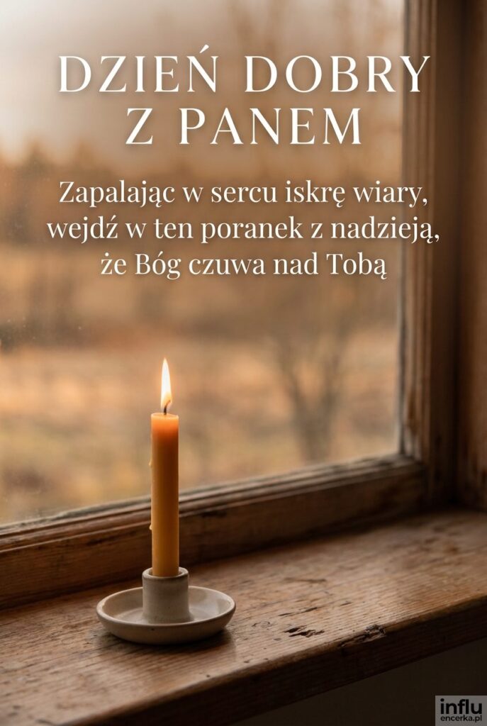 Zapalona świeca na parapecie o świcie z napisem „Dzień dobry z Panem” w ciepłym świetle.