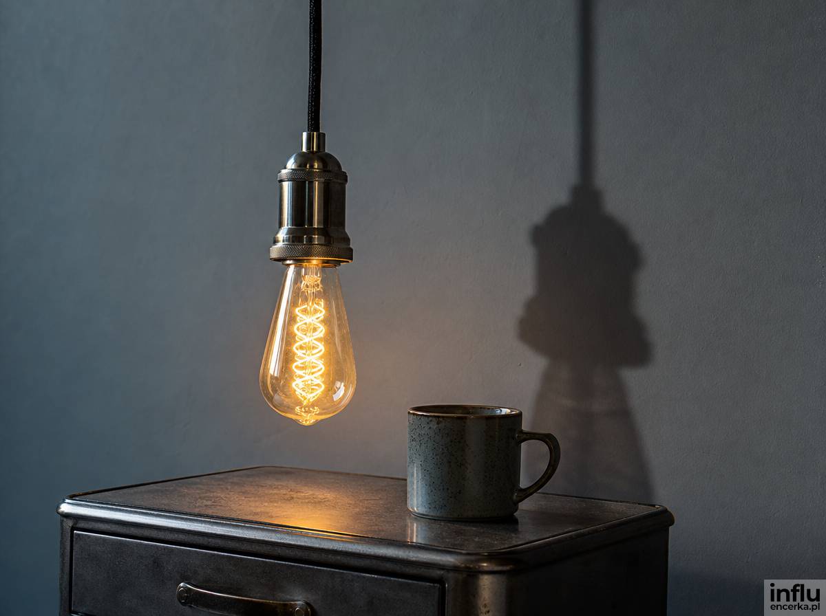 Lampa z żarówką Edisona na czarnym kablu nad stolikiem nocnym w sypialni loft