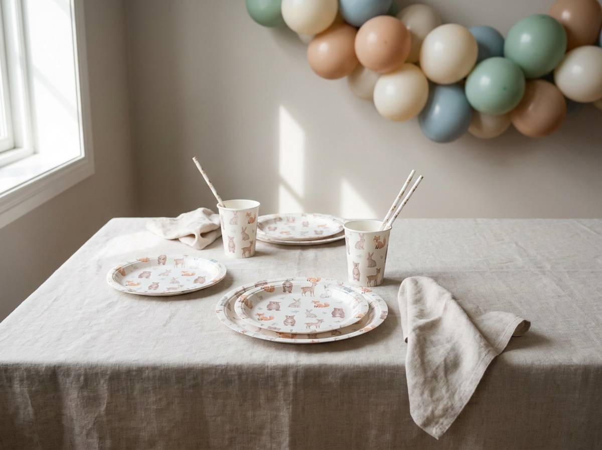 Papierowa zastawa z motywem zwierzątek na stole baby shower