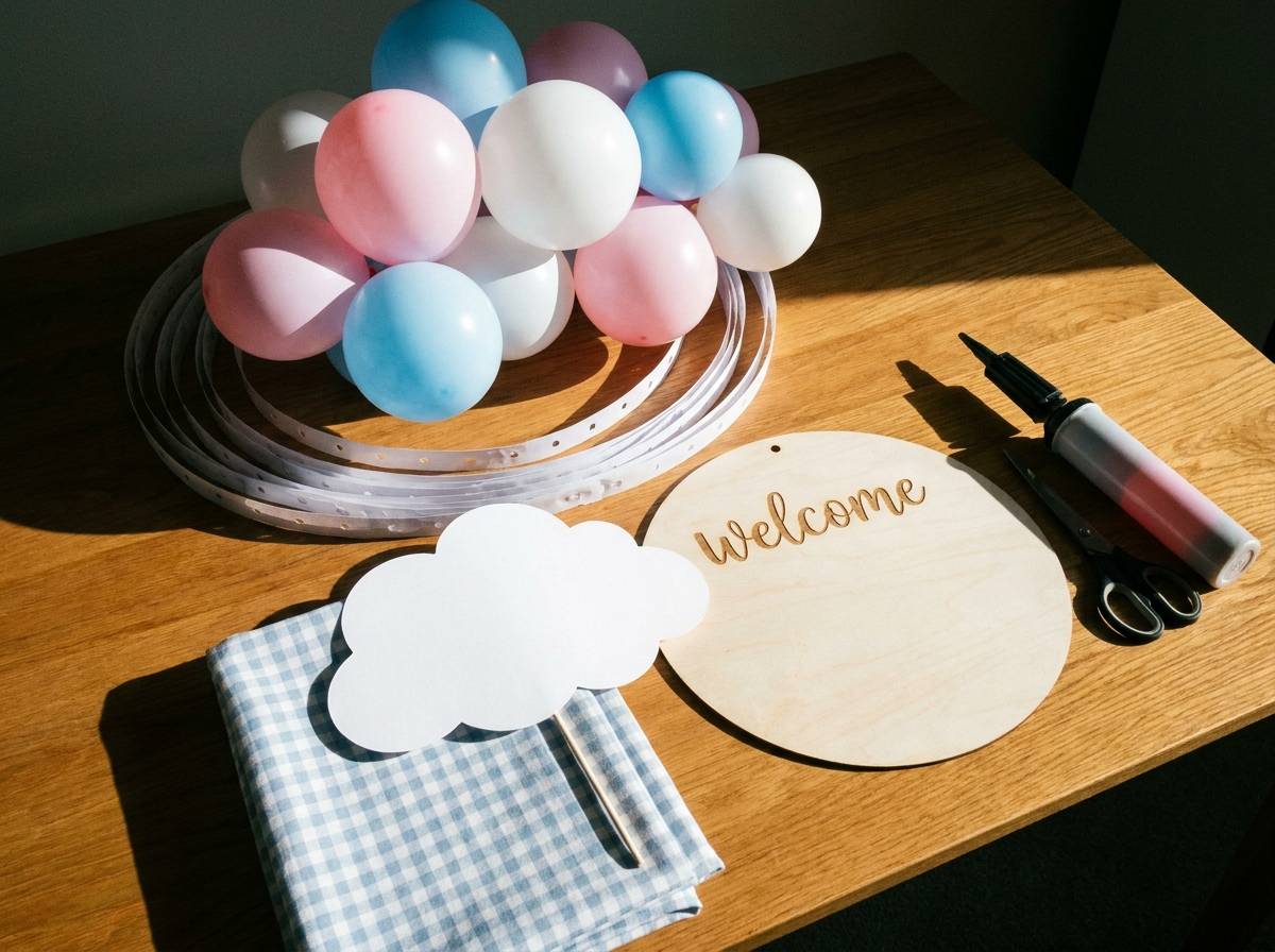 Rozpakowany zestaw dekoracyjny na baby shower rozłożony na stole