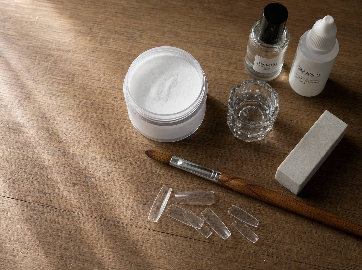 Zestaw narzędzi do akrylu: puder, liquid, pędzelek, primer i blok polerski na blacie