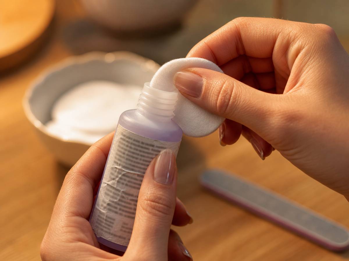 Sprawdzanie etykiety zmywacza bez acetonu przed użyciem zamiast cleanera
