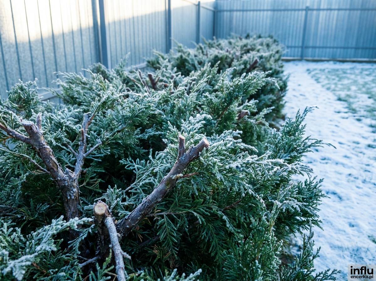 Zimozielony żywopłot z iglaków przy ogrodzeniu ogródka