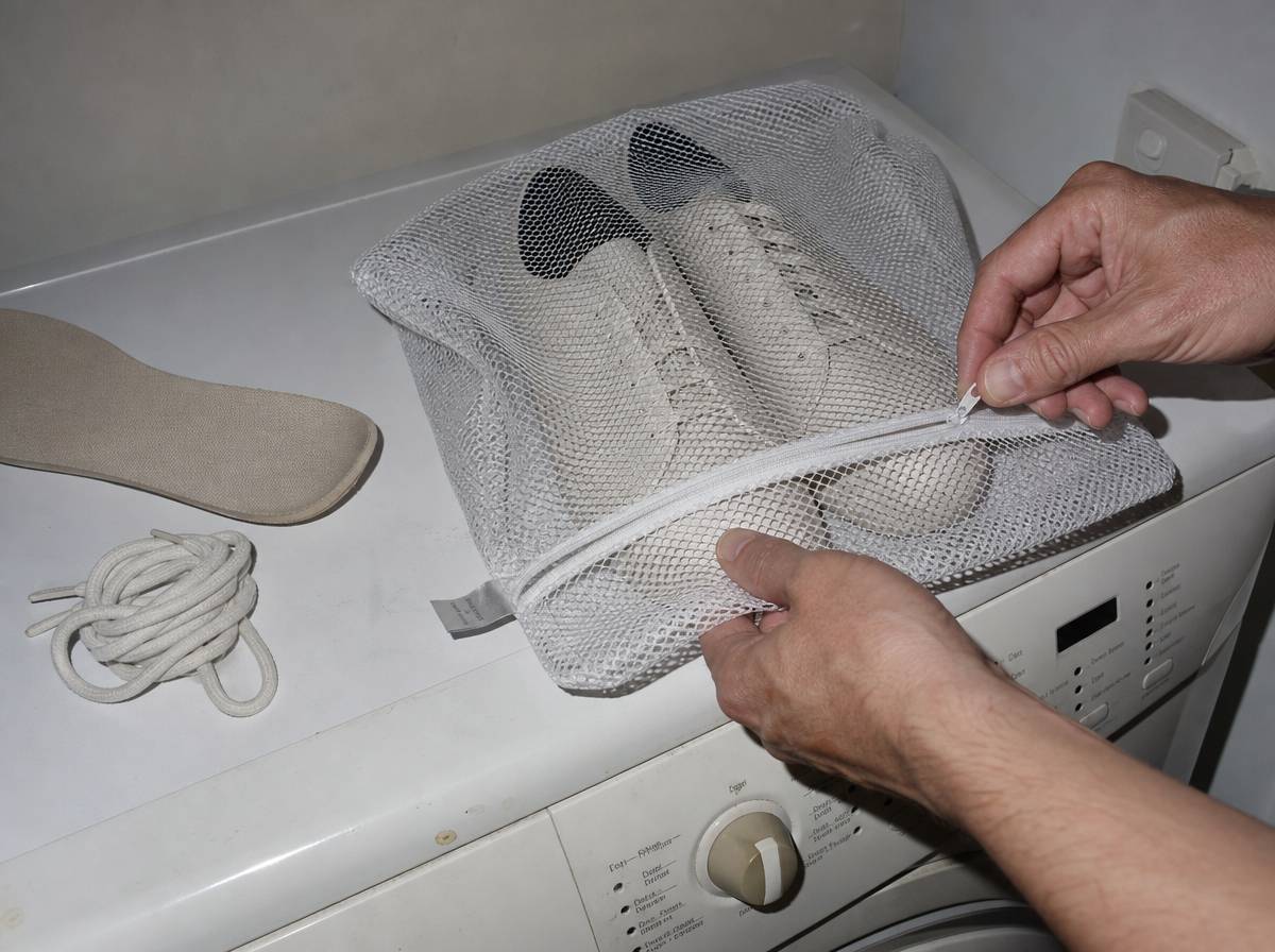 Buty z ekoskóry wkładane do siatkowego worka ochronnego przed praniem w pralce