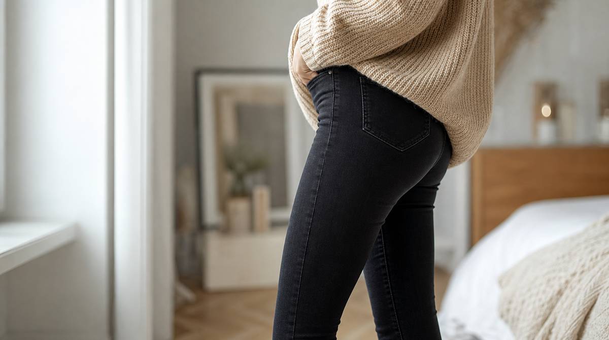 Kobieta w czarnych spodniach skinny fit ściśle przylegających do nóg